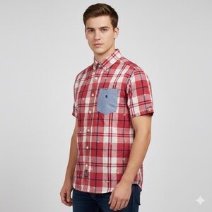 Casual Red Plaid Shirt with Blue Accent Pocket